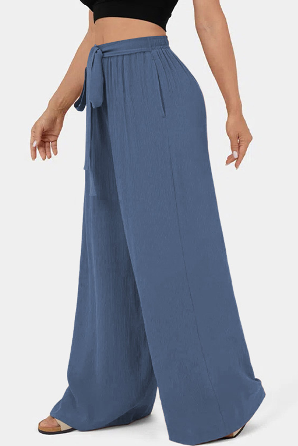 Rose Tan High Waisted Tie Front Side Pocket Wide Leg Flowy Casual Pants - loveforevers
