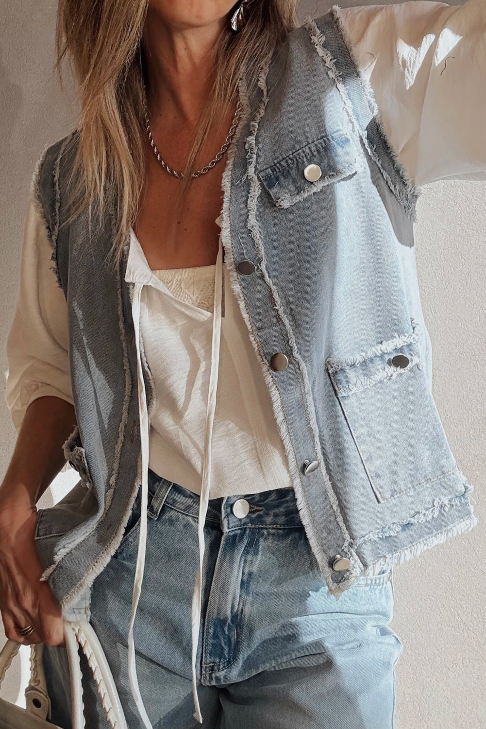 Beau Blue Frayed Edge Flap Pockets Denim Vest Jacket - loveforevers