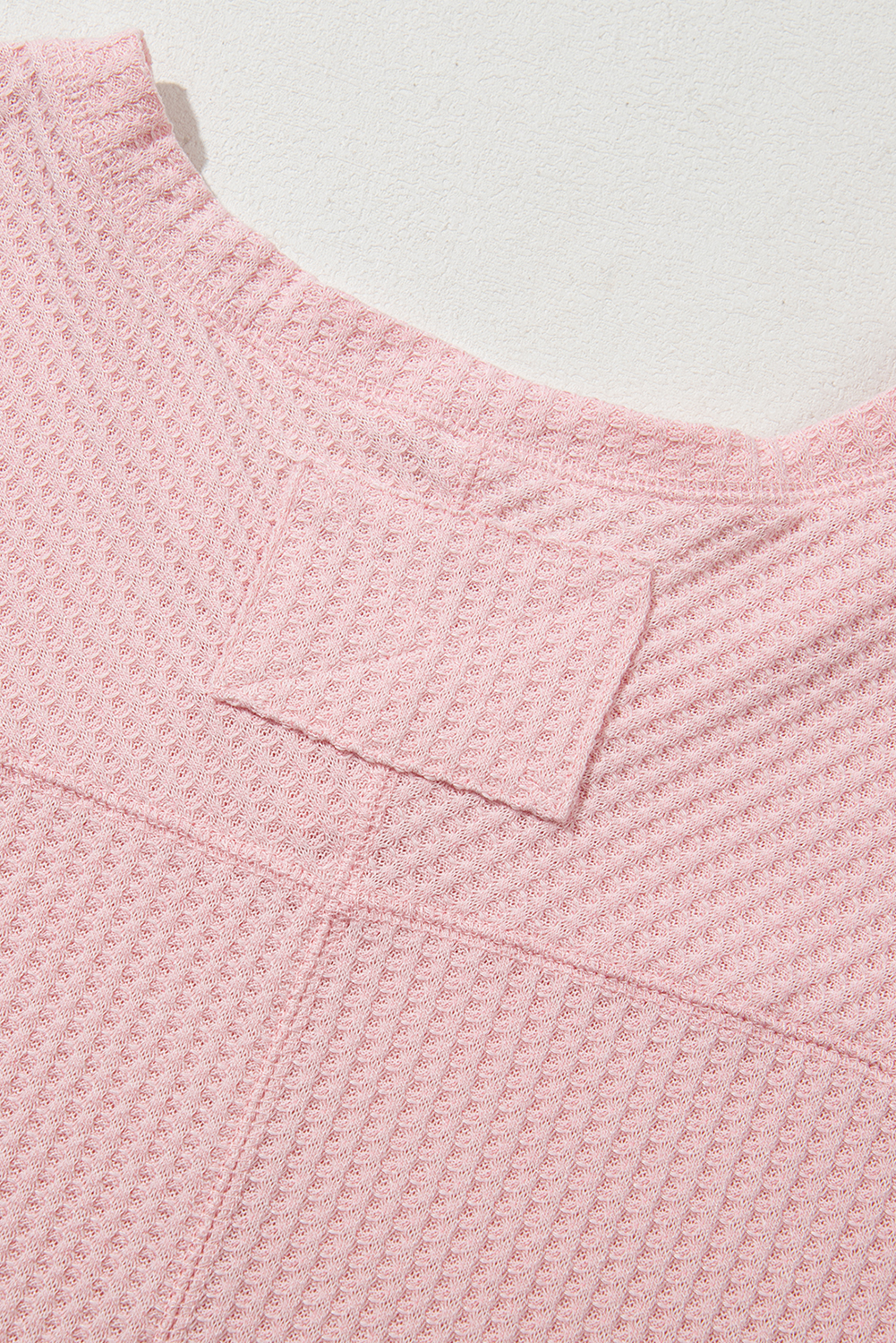 Light Pink Waffle V Neck Long Sleeve Drop Shoulder Loose Blouse - loveforevers