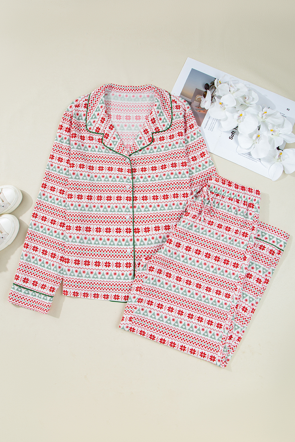 White Christmas Pattern Print Shirt Style Long 2pcs Pajama Set - loveforevers