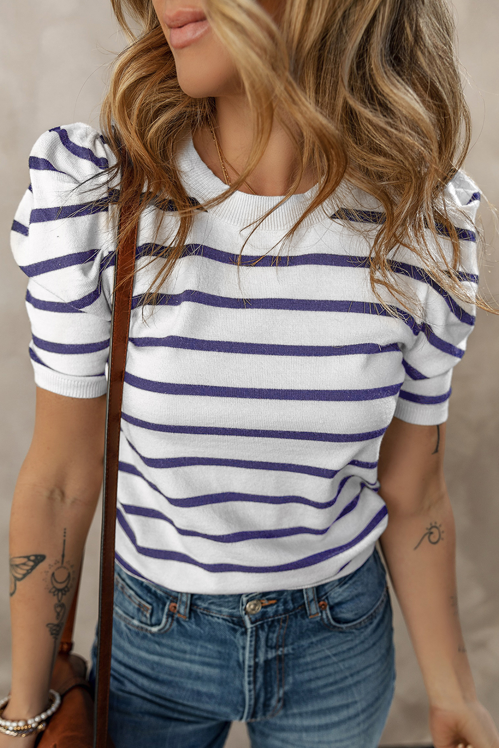 Blue Stripe Ribbed Trim Round Neck Bubble Sleeve Knitted Top - loveforevers