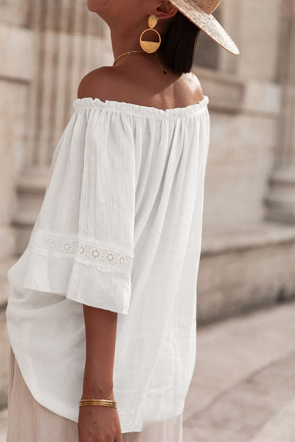 White Frilly Off Shoulder Lace Insert Sleeve Textured Blouse - loveforevers