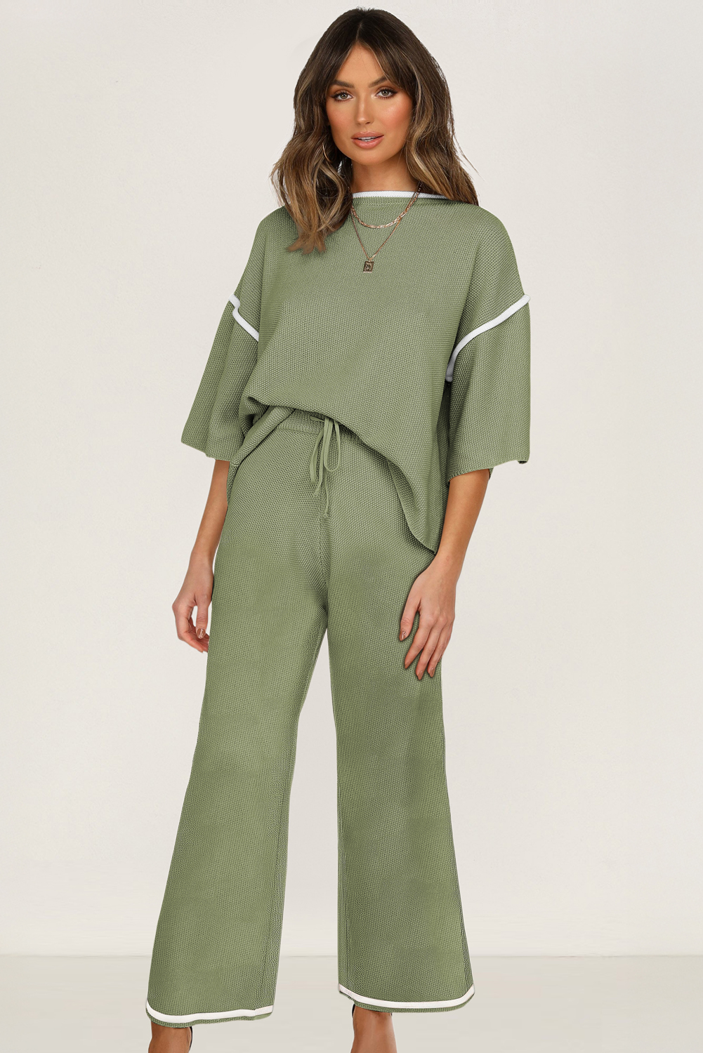 Blackish Green Contrast Trim Half Sleeve Top Drawstring Pants Loose 2pcs Sweater Suit - loveforevers