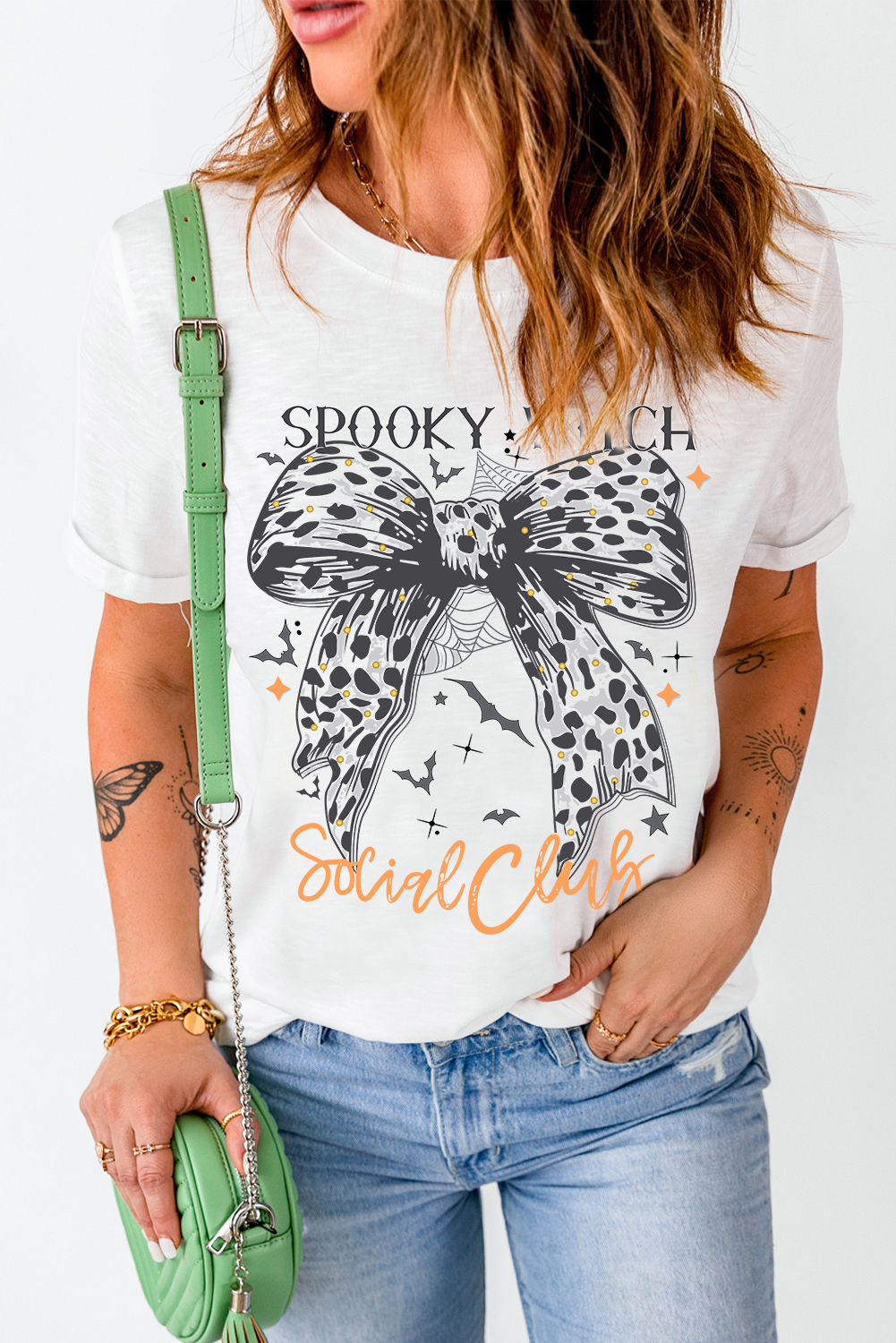 White SPOOKY WITCH Leopard Bowknot Bat Graphic Halloween T Shirt - loveforevers