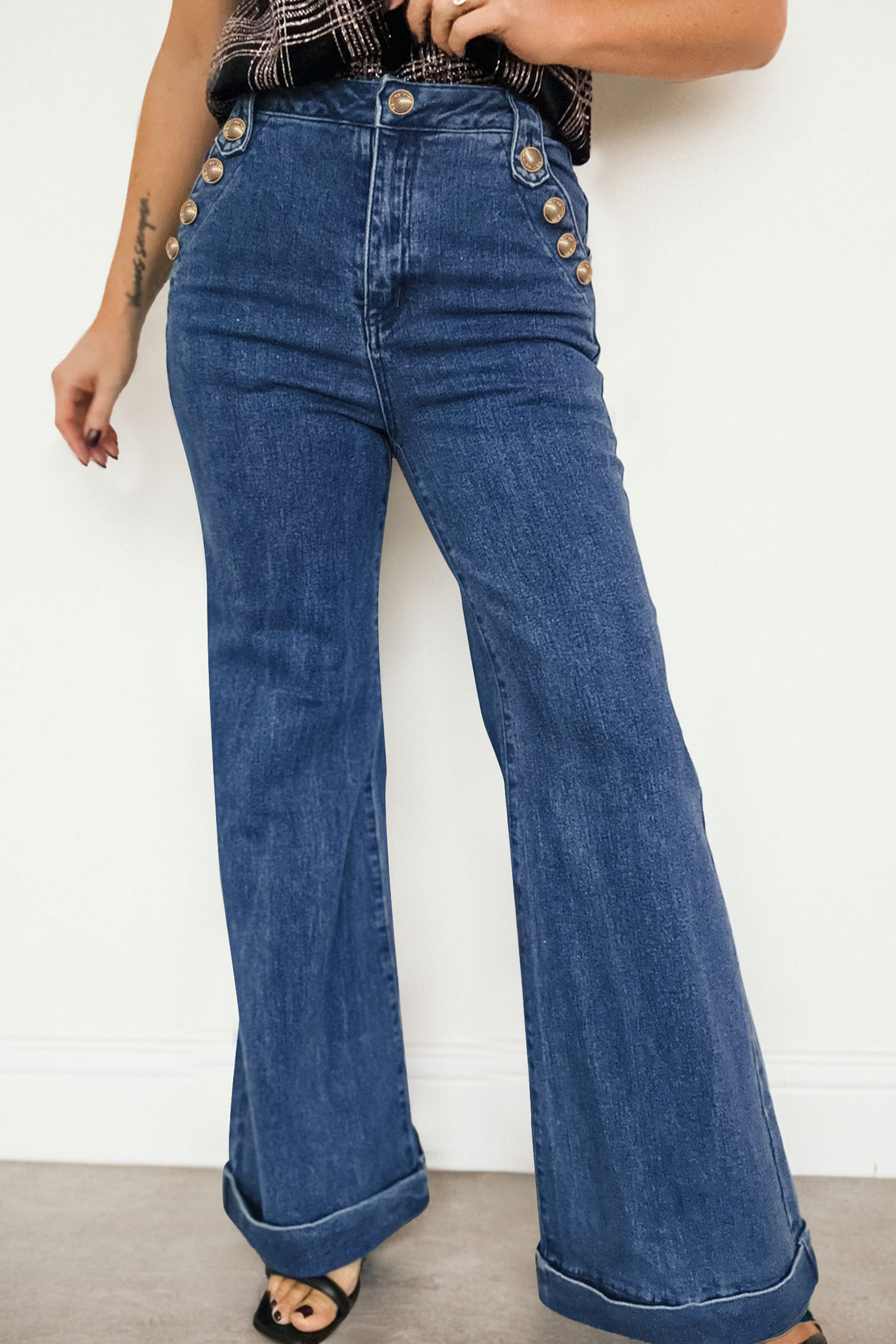 Ashleigh Blue Golden Button Detail Rolled Edge Flare Leg Jeans - loveforevers