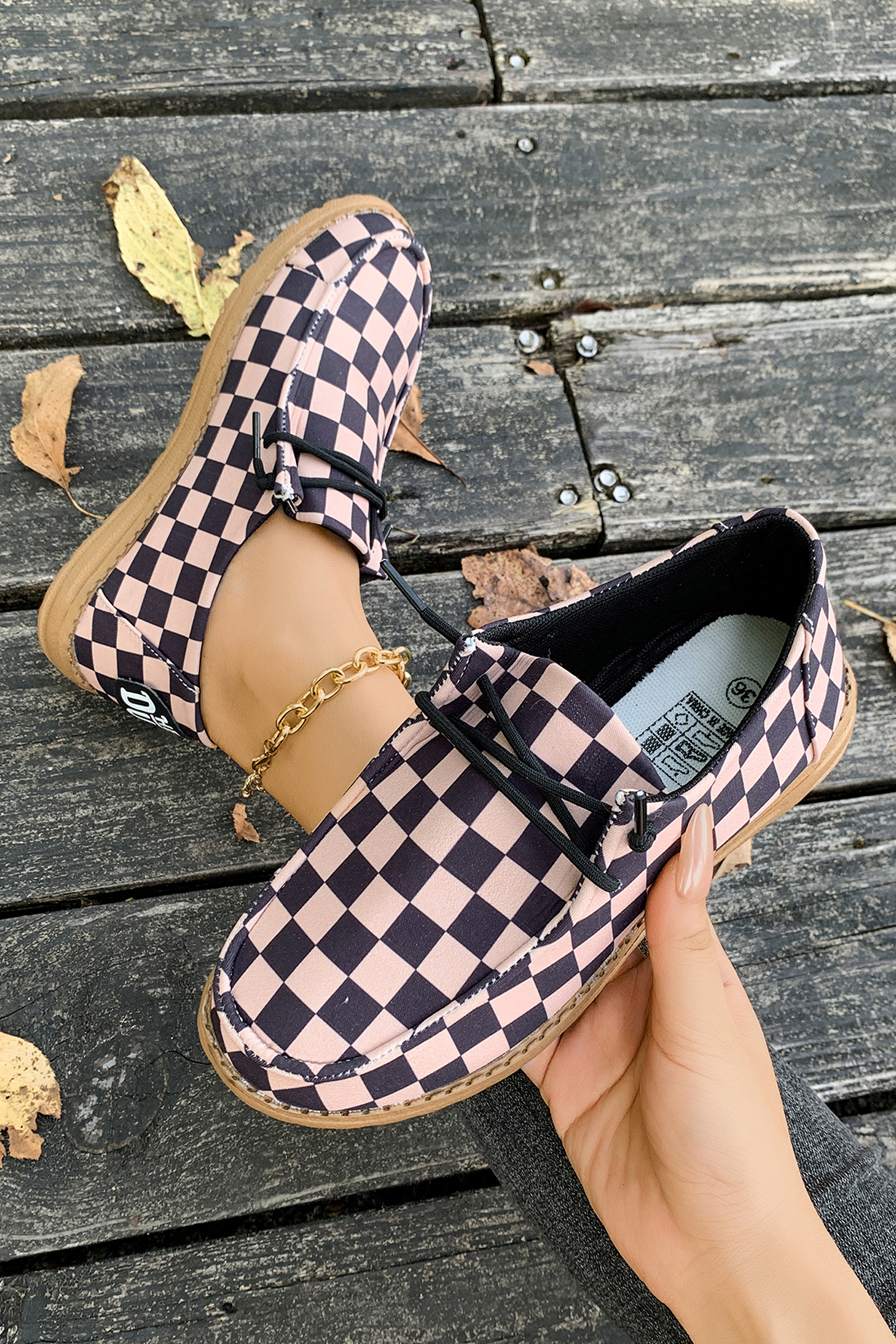 Dark Brown Checkered Print PU Leather Lace Up Detail Flat Shoes - loveforevers