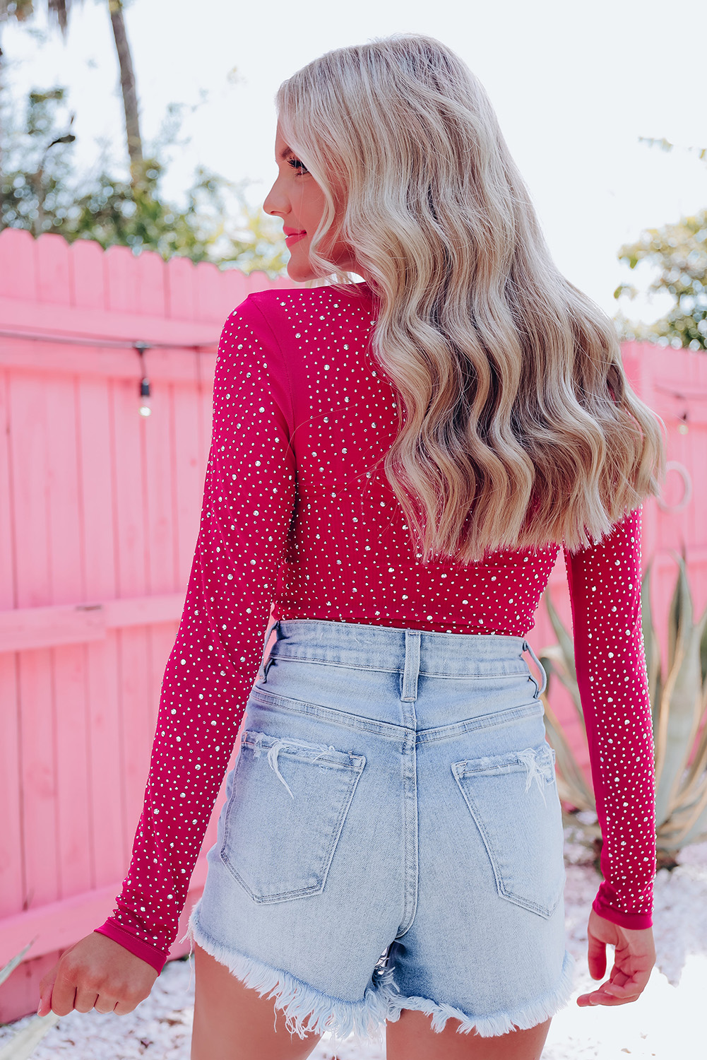 Rose Rhinestone O-neck Long Sleeve Bodysuit - loveforevers