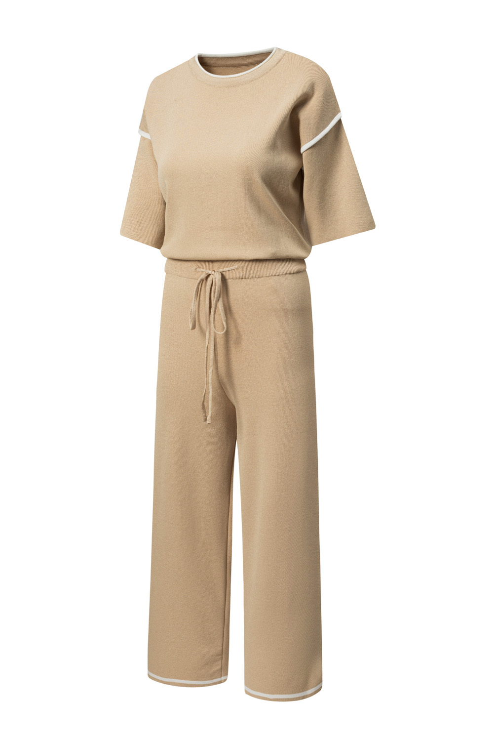 Blackish Green Contrast Trim Half Sleeve Top Drawstring Pants Loose 2pcs Sweater Suit - loveforevers