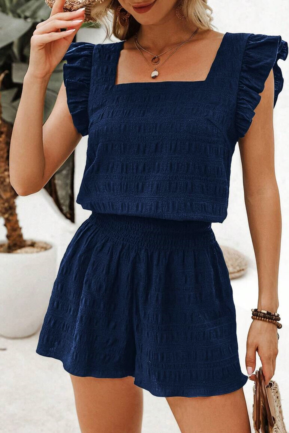 Dirty blue Textured Square Neck Top and Shirred High Waist Shorts Set - loveforevers