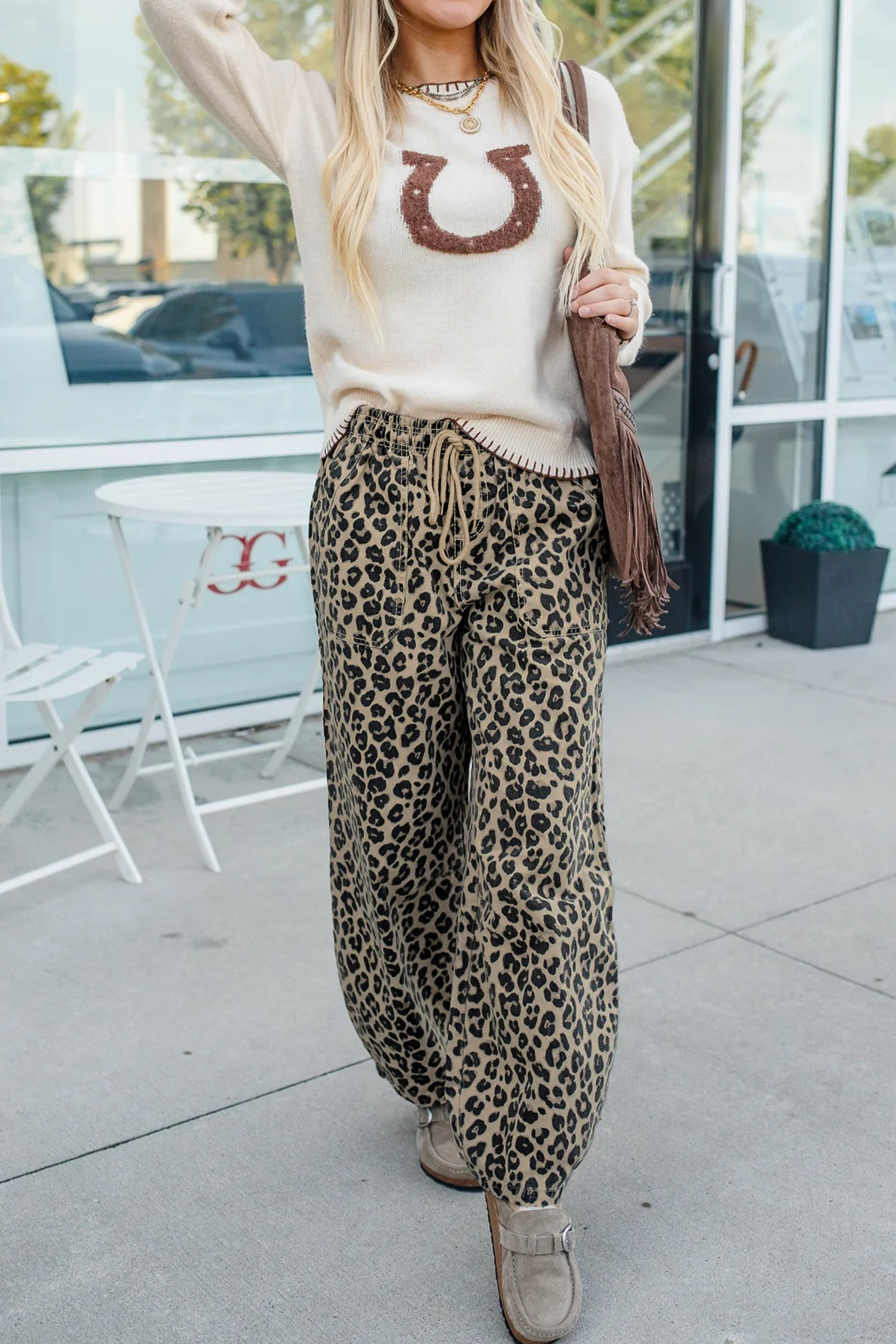 Khaki Leopard Print Drawstring Elastic Waist Loose Denim Pants with Pockets - loveforevers