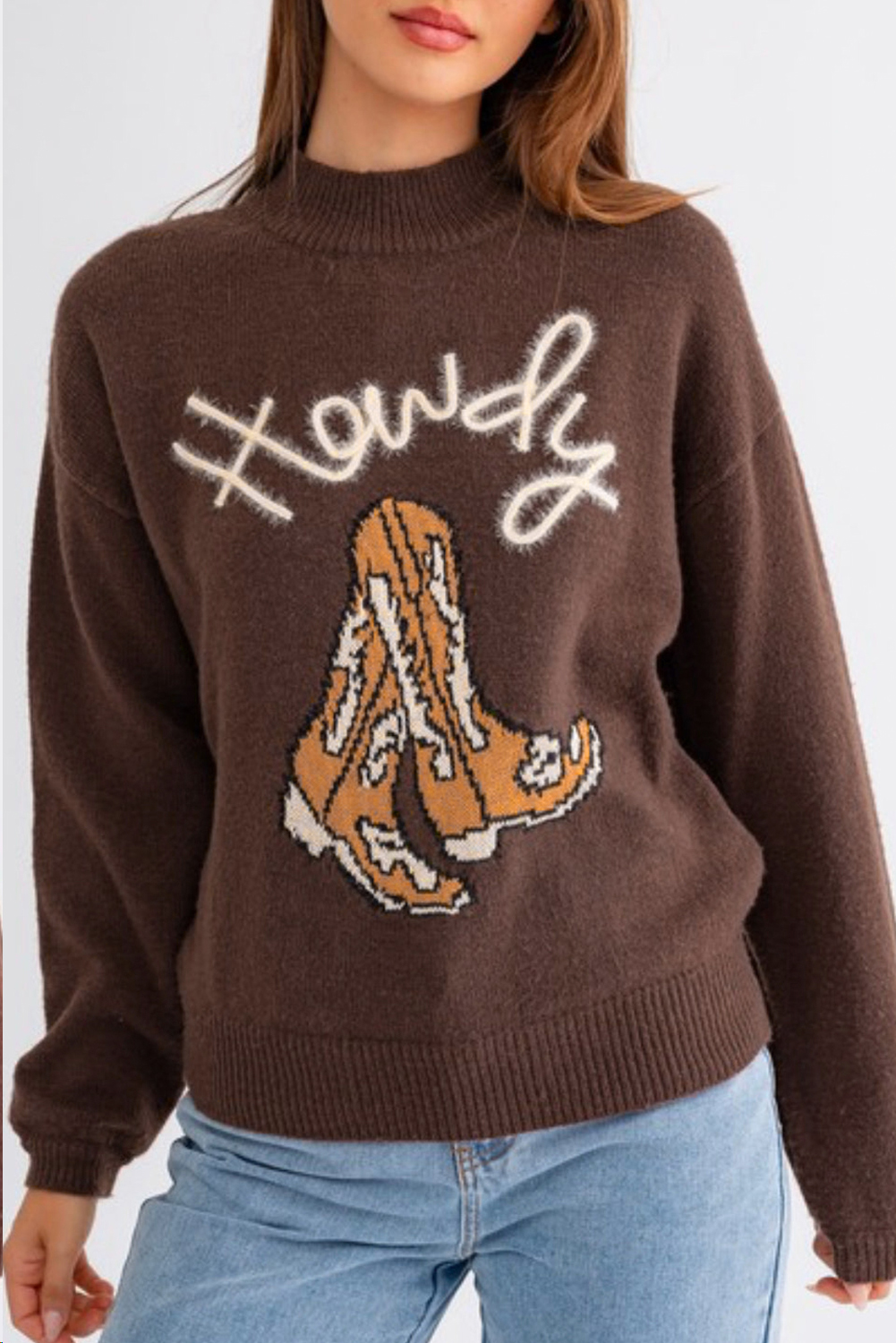 Coffee Western Howdy Boot Graphic High Neck Sweater - loveforevers