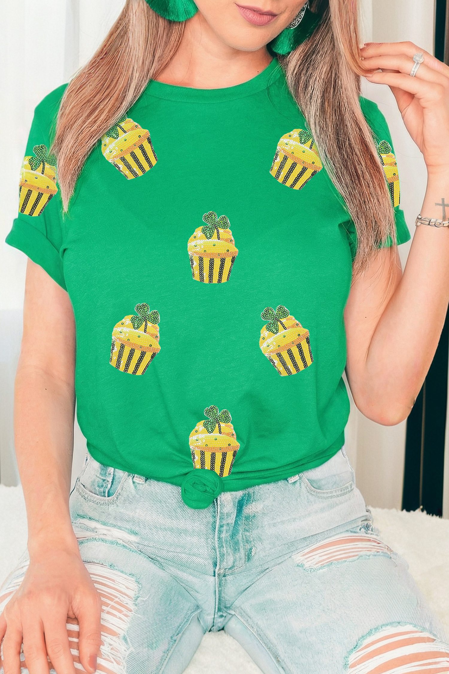 Bright Green St Patricks Day Sequin Cupcake Graphic T Shirt - loveforevers