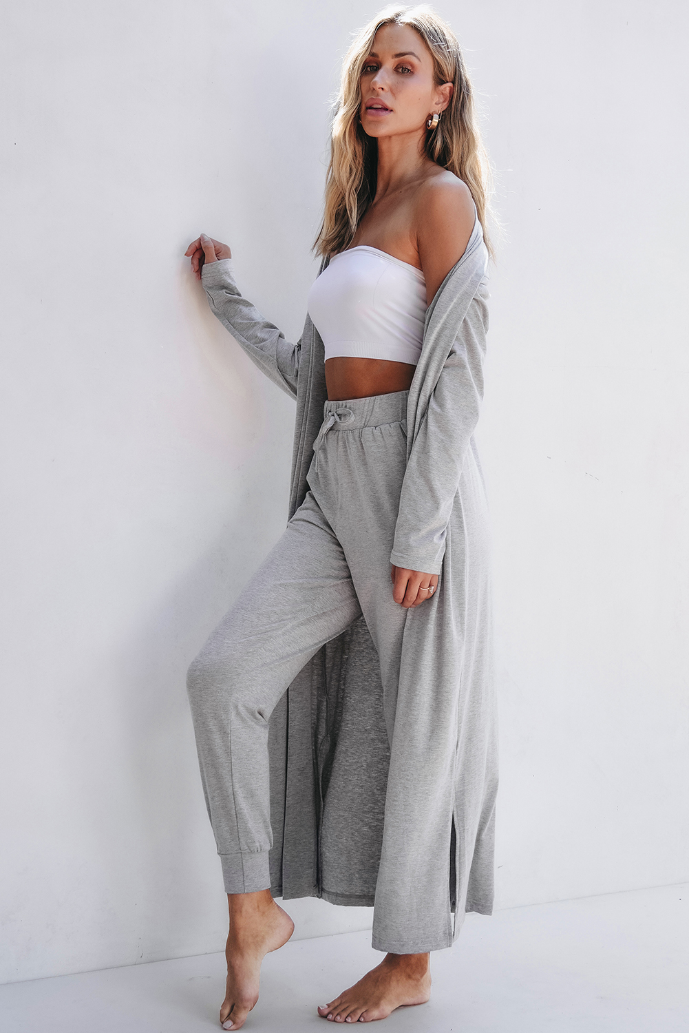 Parchment Split Long Cardigan and Skinny Pants Lounge Set - loveforevers