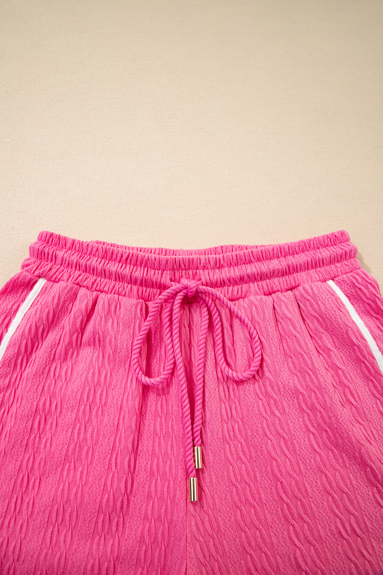 Bright Pink Textured Color Block Trim Loose Tee Drawstring Shorts 2pcs Set - loveforevers
