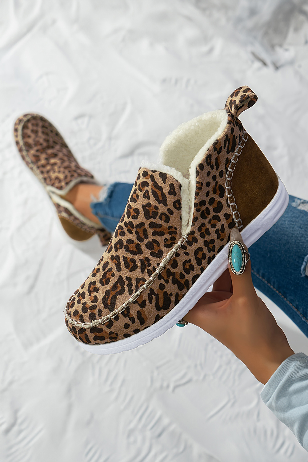 Brown Leopard Print Ankle Patched Flat Winter Fur Boots - loveforevers