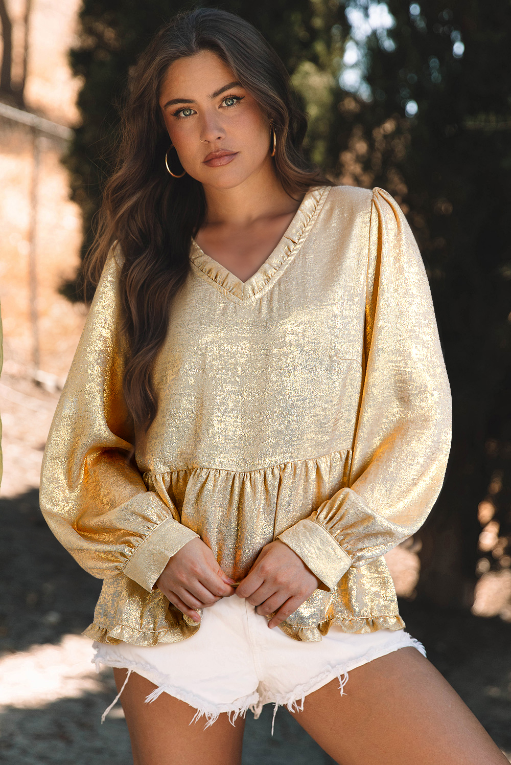 Dearlovers Gold Metallic Frilled V Neck Puff Sleeve Babydoll Blouse - loveforevers