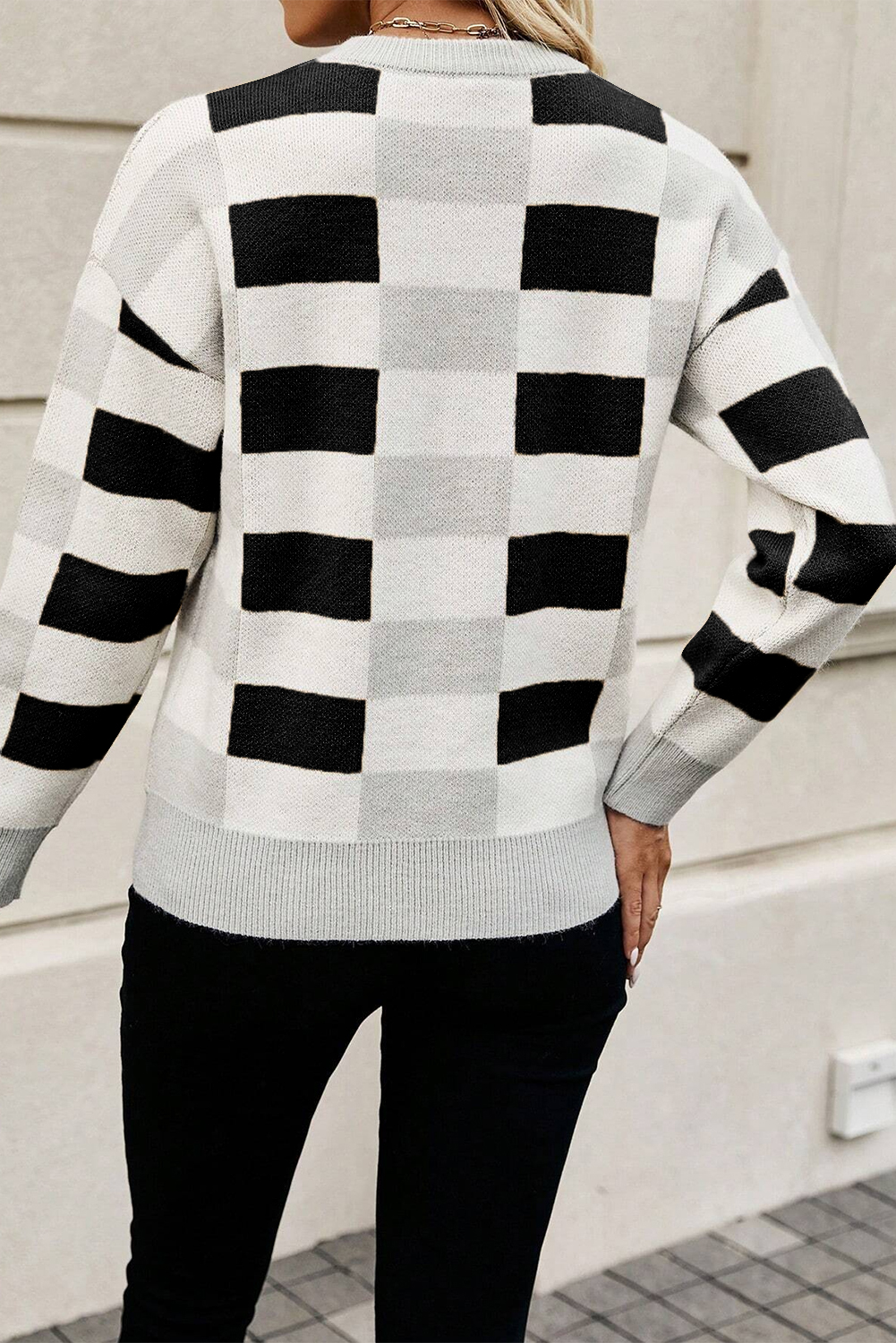 Khaki Checkered Ribbed Edge O Neck Drop Shoulder Sweater - loveforevers