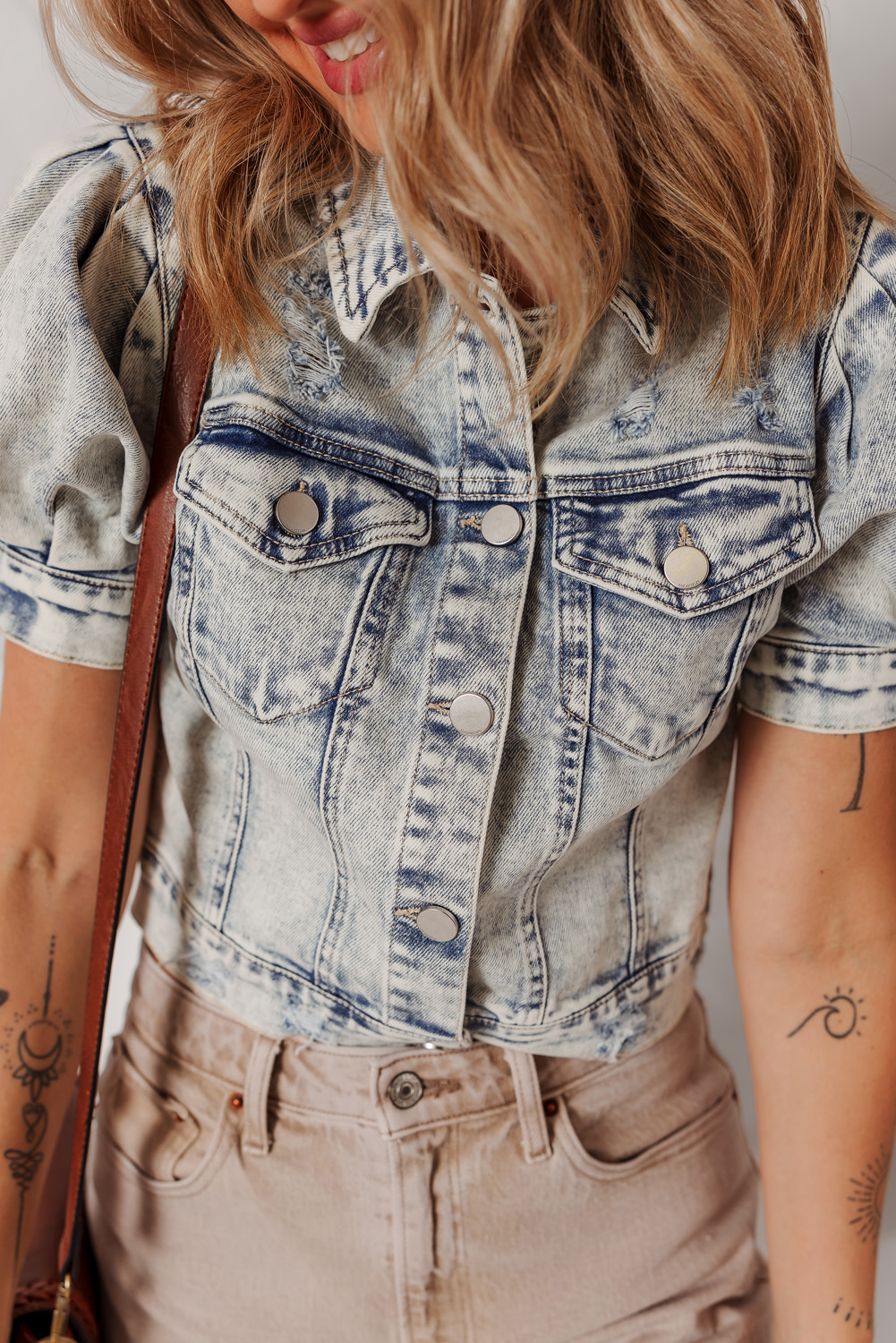 Beau Blue Light Wash Buttoned Chest Pocket Puff Sleeve Denim Jacket - loveforevers