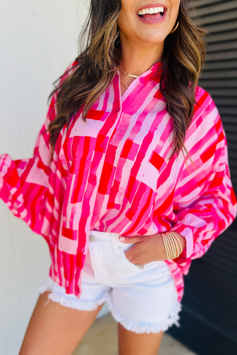 Pink Abstract Print Batwing Sleeve Casual Shirt - loveforevers
