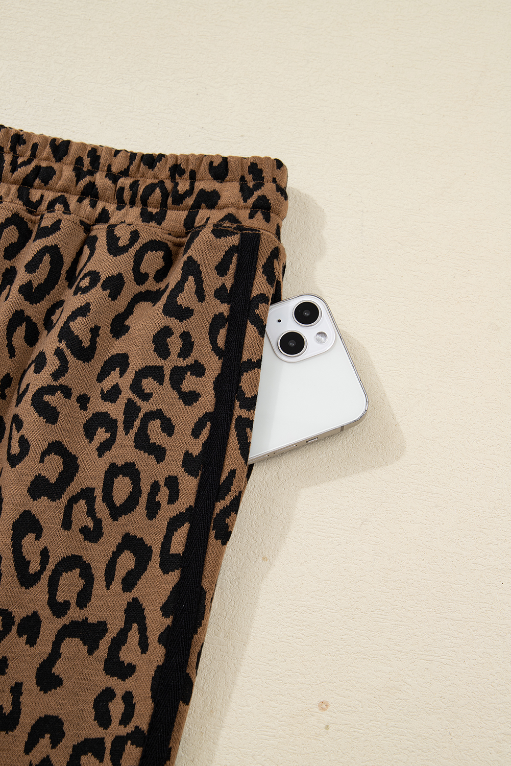 Brown Varsity Striped Trim Leopard Long Sleeve Top Drawstring Pant Set - loveforevers