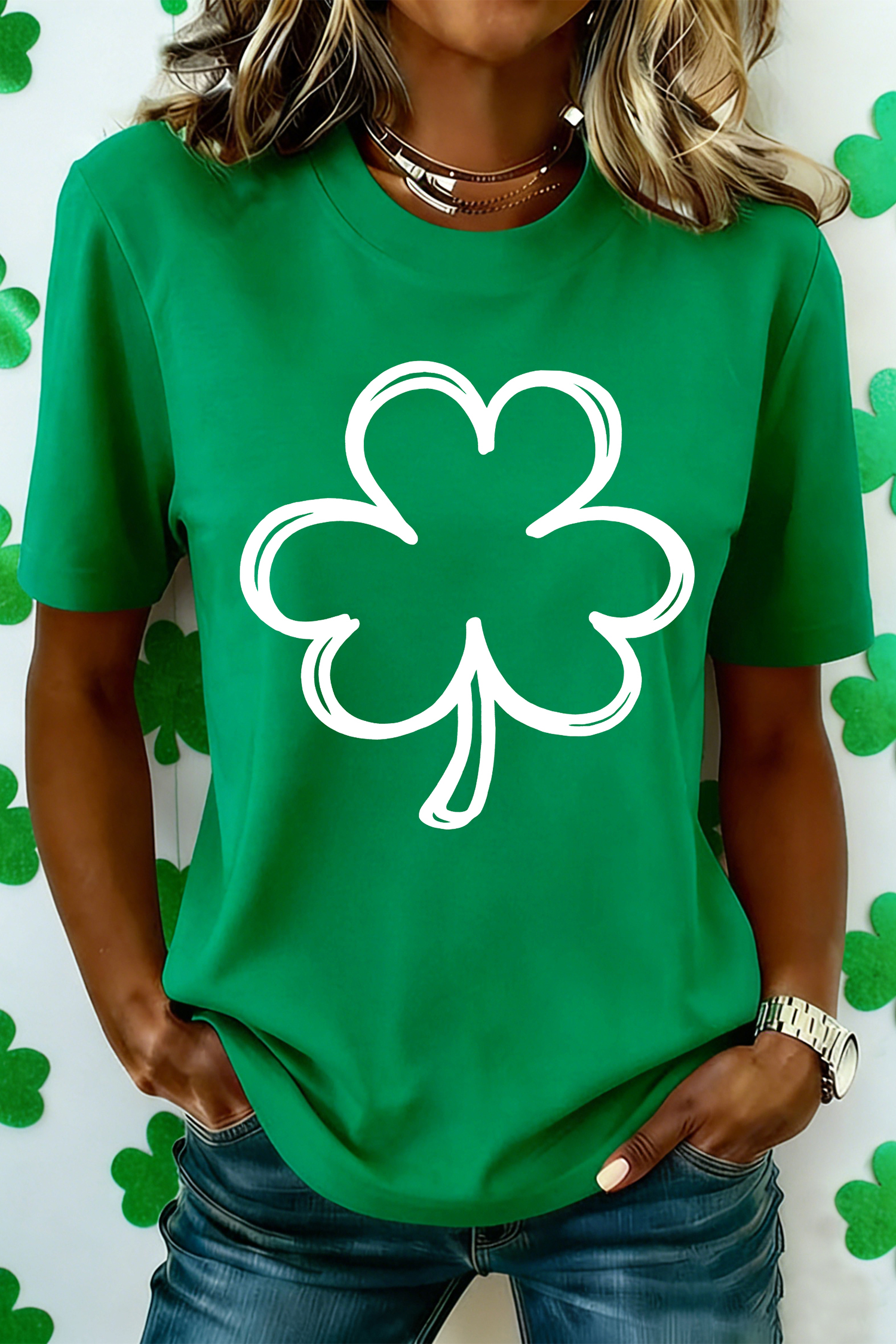 Bright Green St Patricks Day Lucky Shamrock Printed Casual Tee - loveforevers