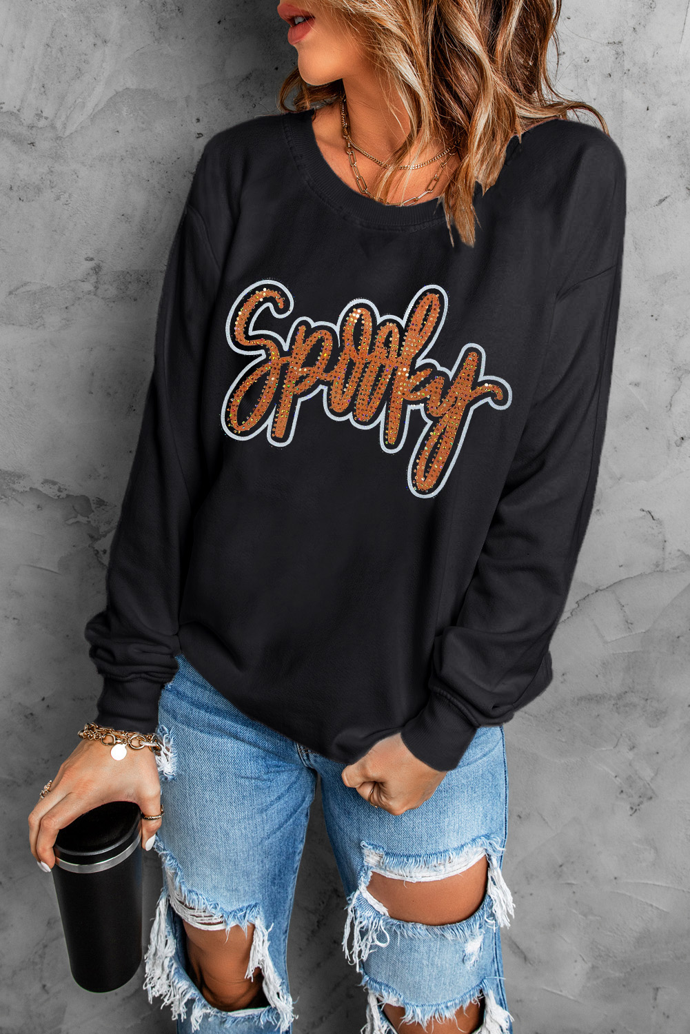 Black Spooky Rhinestone Drop Shoulder Graphic Sweatshirt - loveforevers