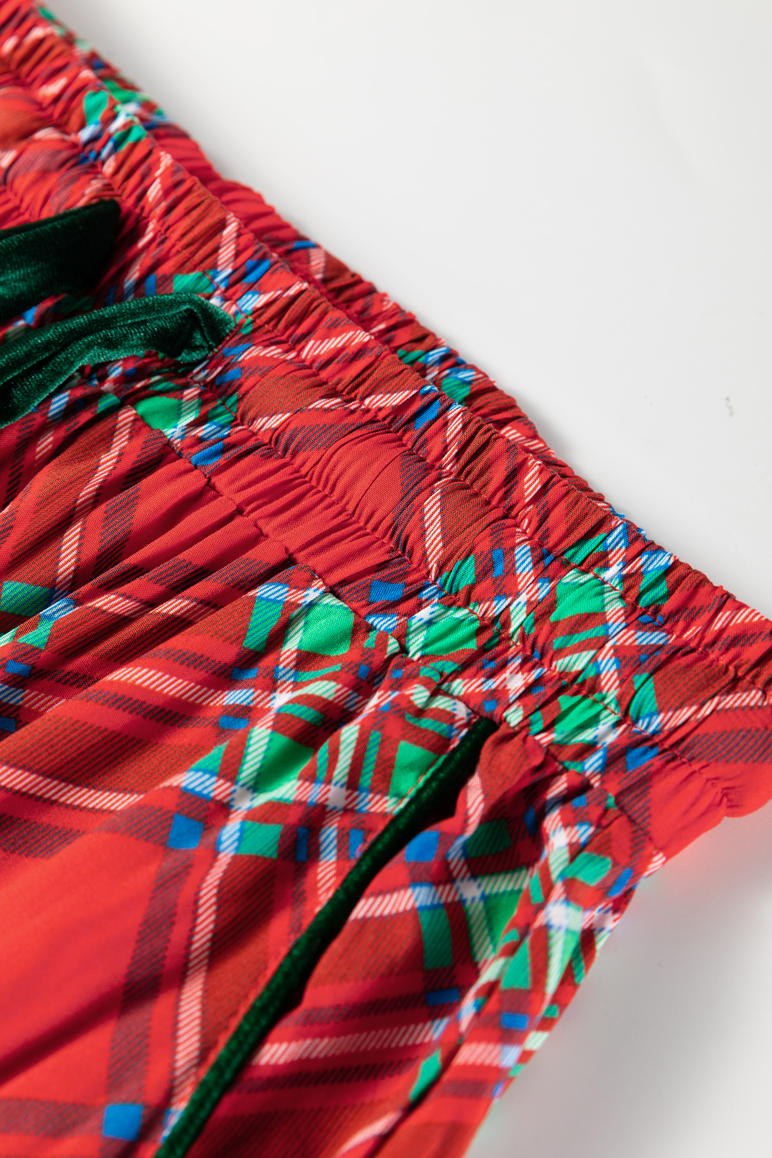 Fiery Red Christmas Plaid Satin Pajama Set with Contrast Velvet Ties - loveforevers