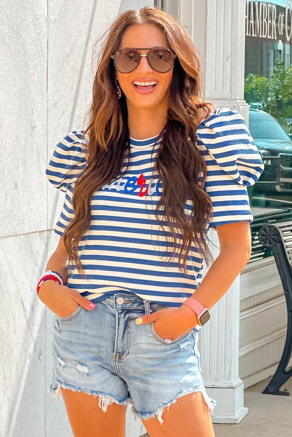Blue Stripe America Cursive Graphic Puff Sleeve T-shirt - loveforevers