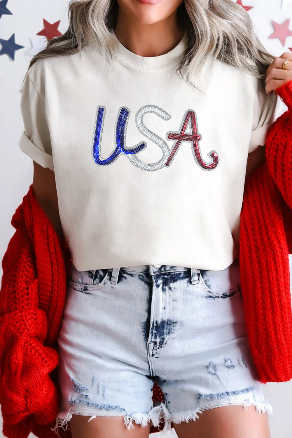 White Sequin USA Graphic Crew Neck Patriotic Tee - loveforevers