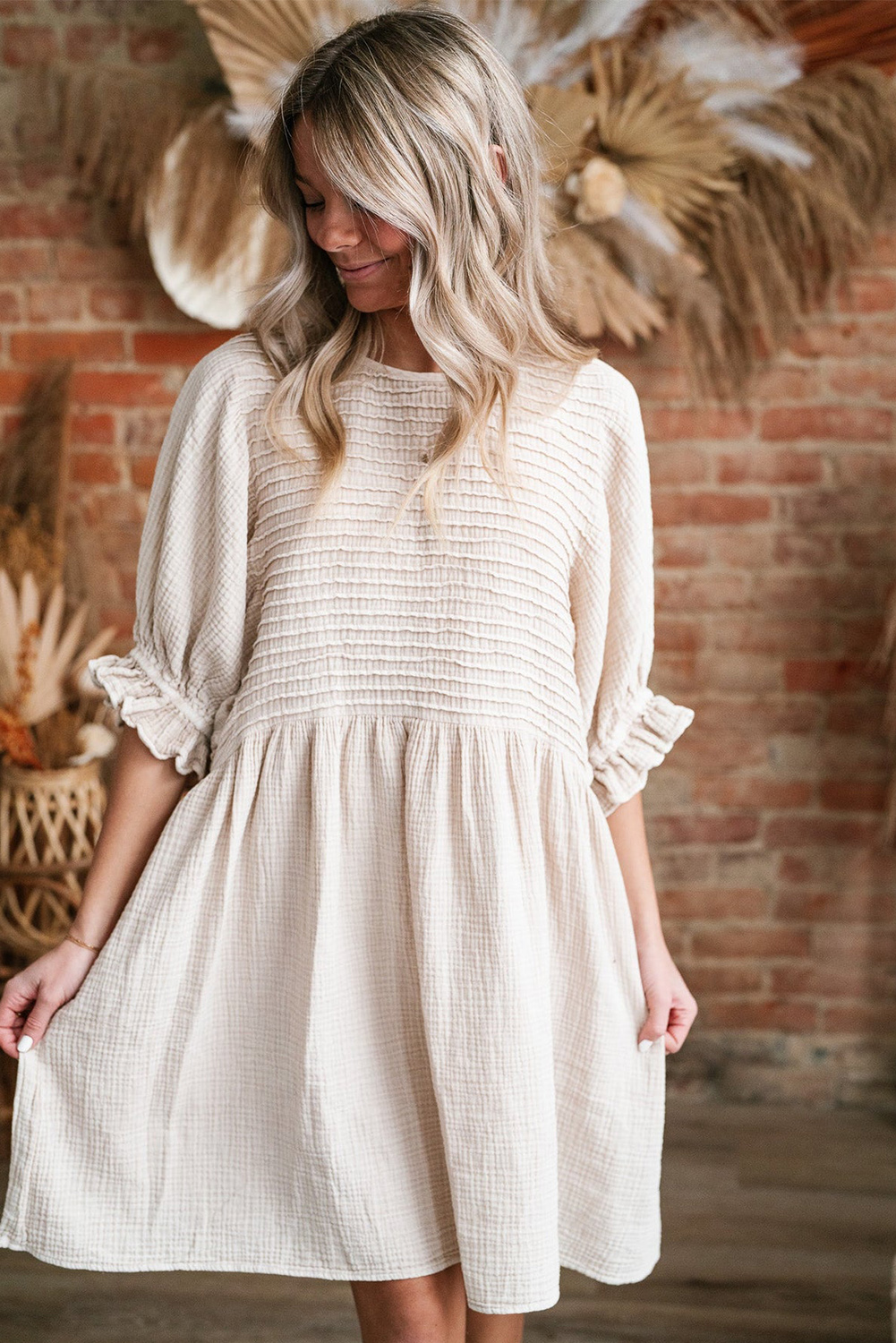 White Textured Ruffled Puff Sleeve Loose Dress - loveforevers