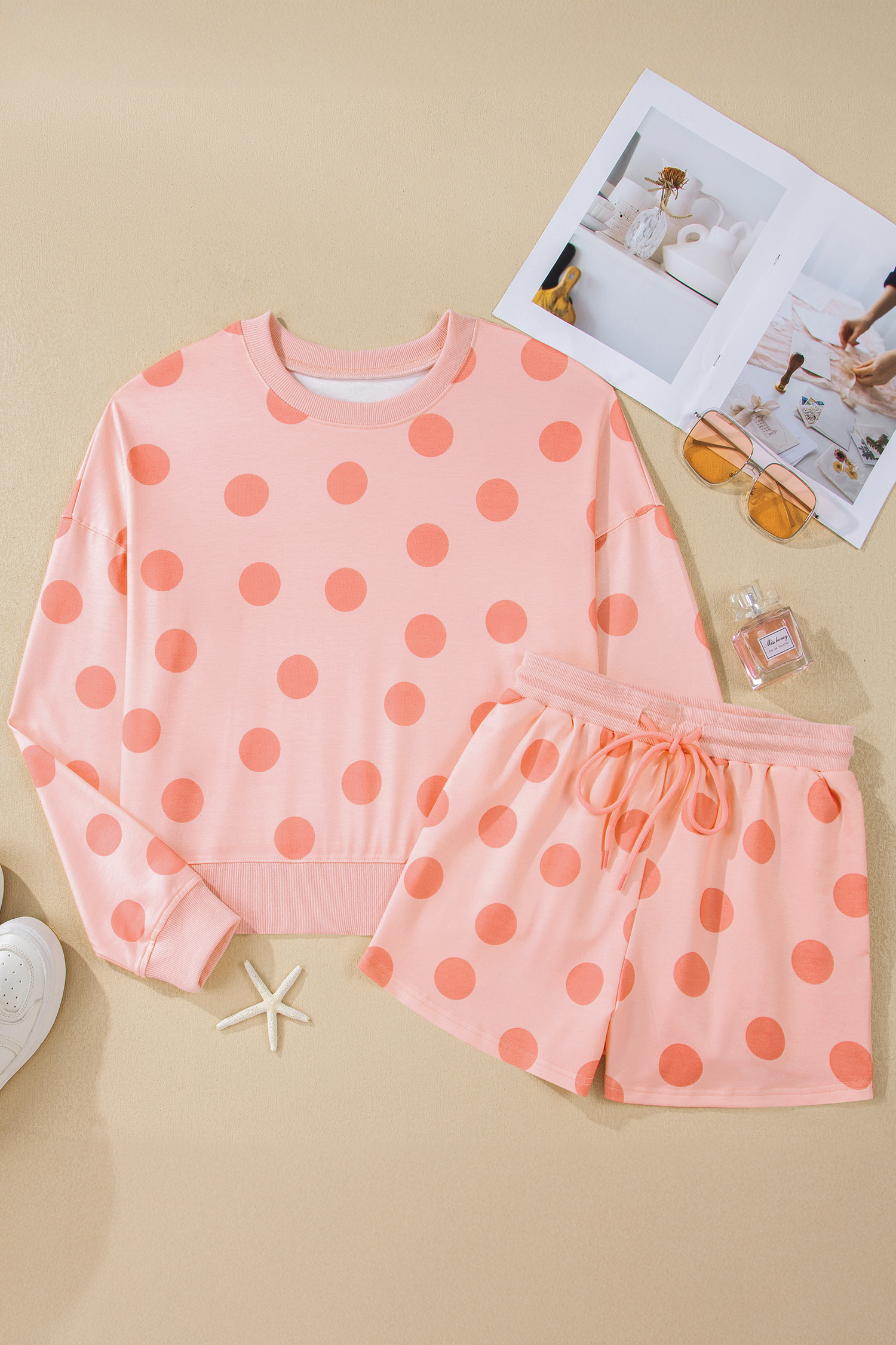 Beige Polka Dot Print Drop Shoulder Pullover Drawstring Jogger Pant Set - loveforevers