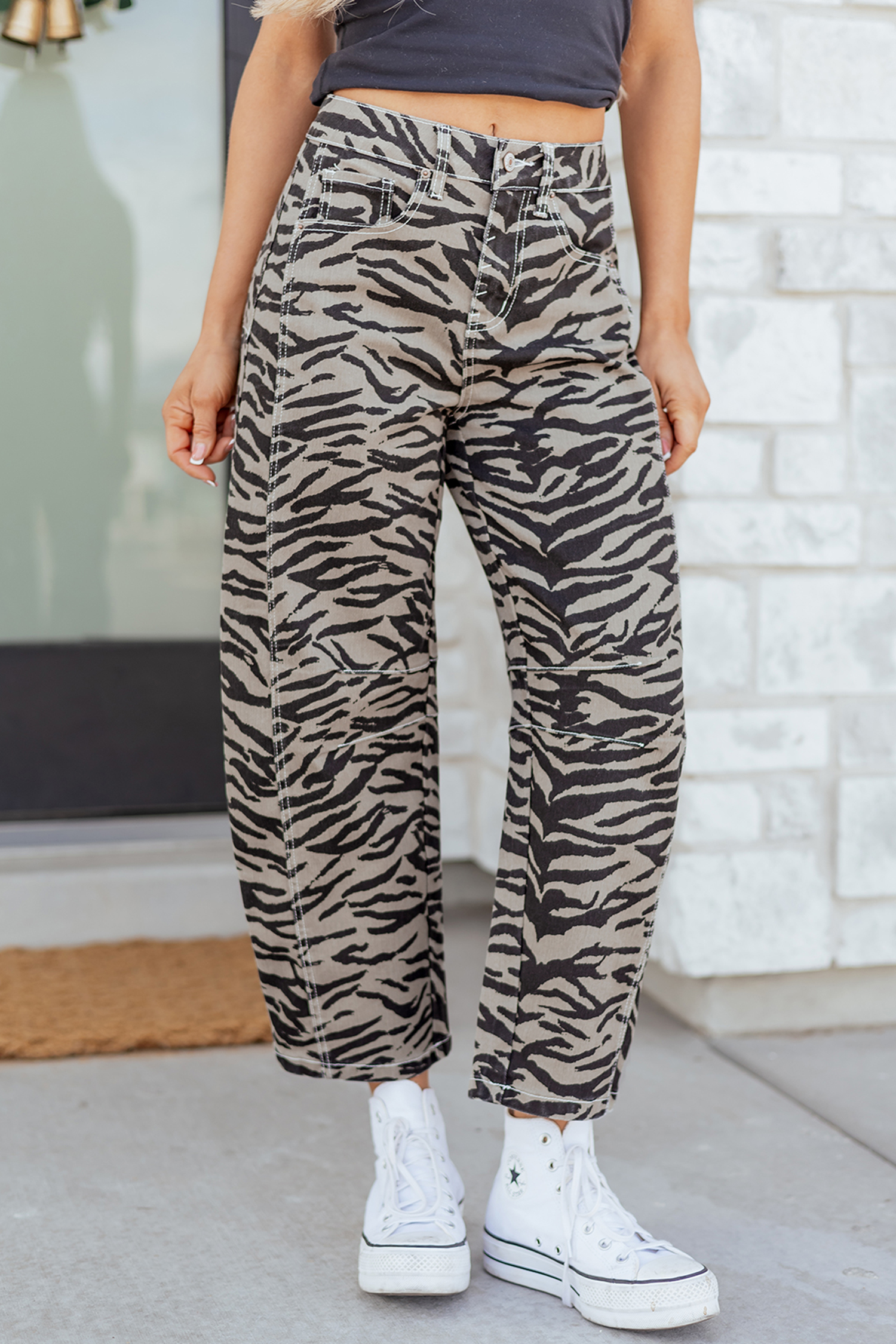 Gray Zebra Stripe Printed Wide Leg Jeans - loveforevers