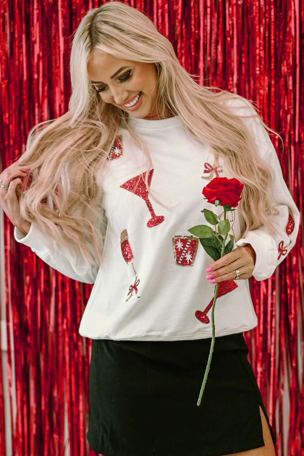 Beige Sequin Cheers Wineglasses Christmas Sweatshirt - loveforevers