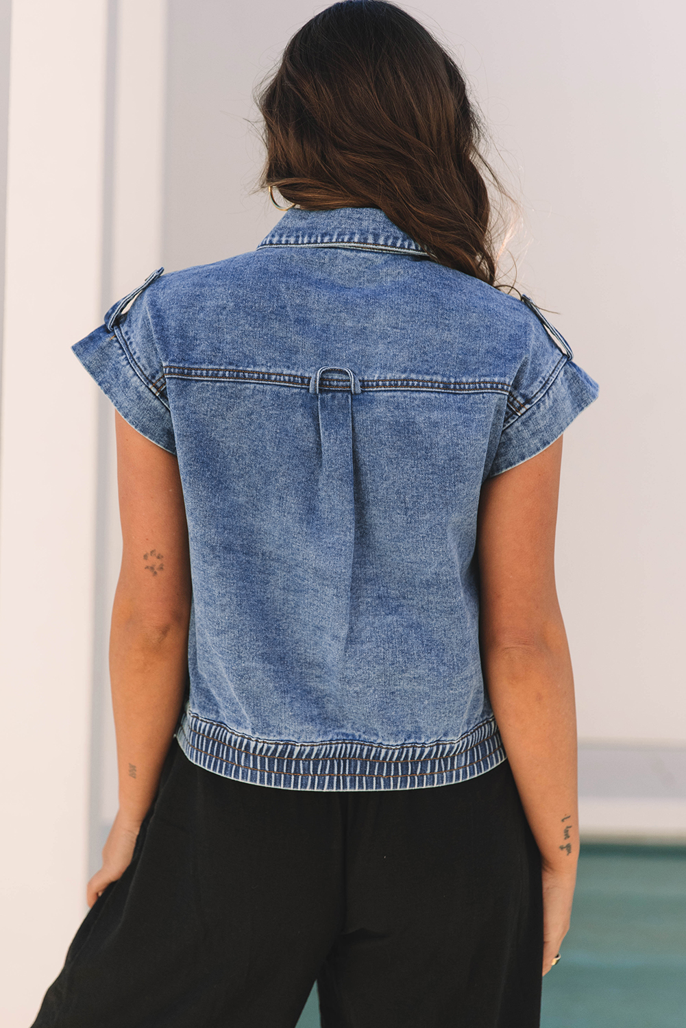 Ashleigh Blue Acid Wash Elastic Hem Button Up Denim Vest - loveforevers