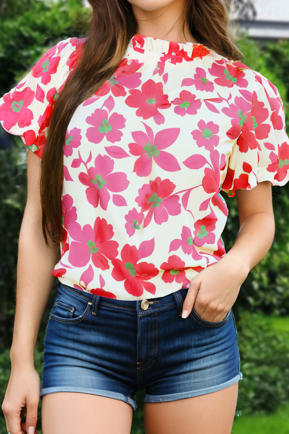Pink Frilled Neck Short Puff Sleeve Floral Blouse - loveforevers