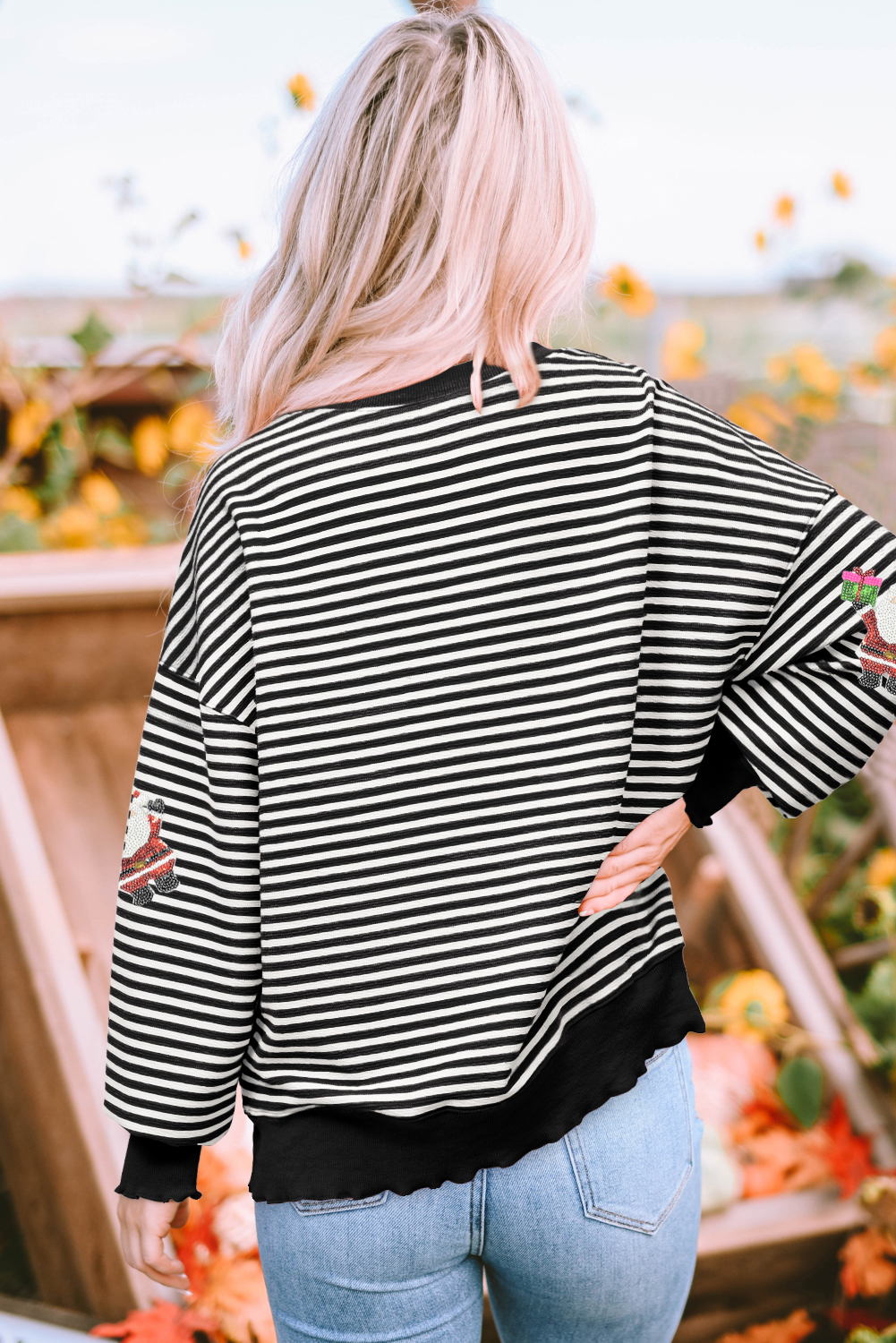 Black Stripe Santa Delivery Gift Sequin Patched Graphic Long Sleeve Top - loveforevers
