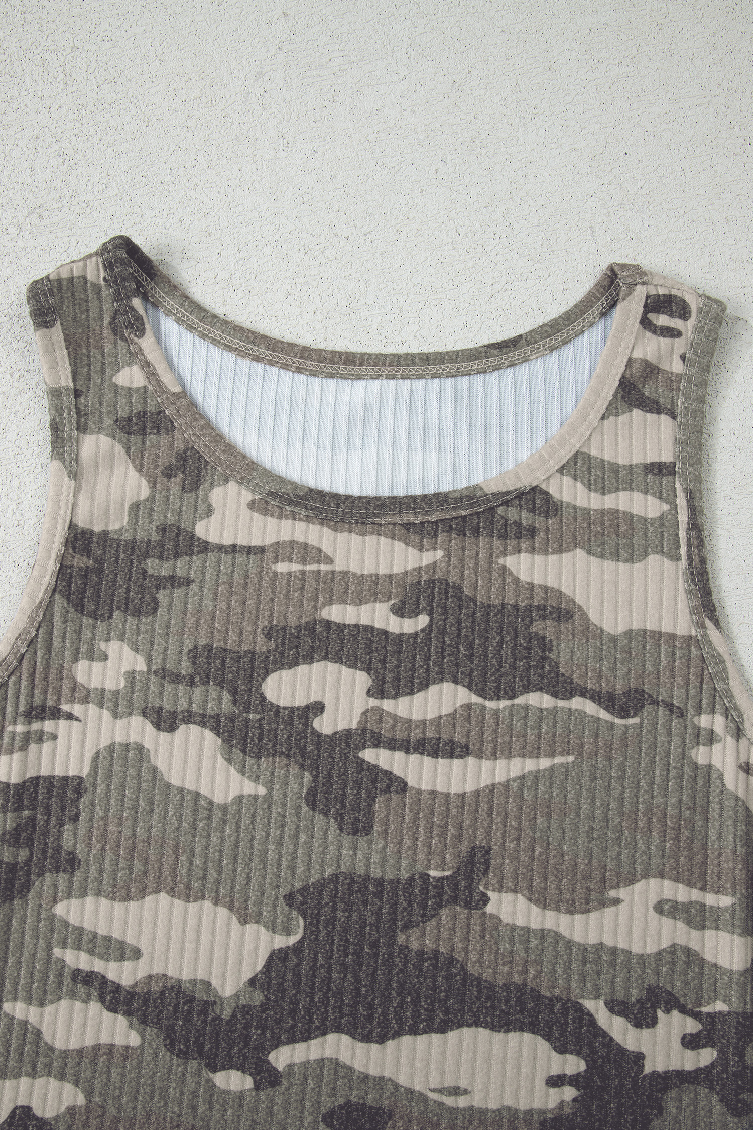 Gray Camouflage Print Ribbed Knit Round Neck Tank Top - loveforevers