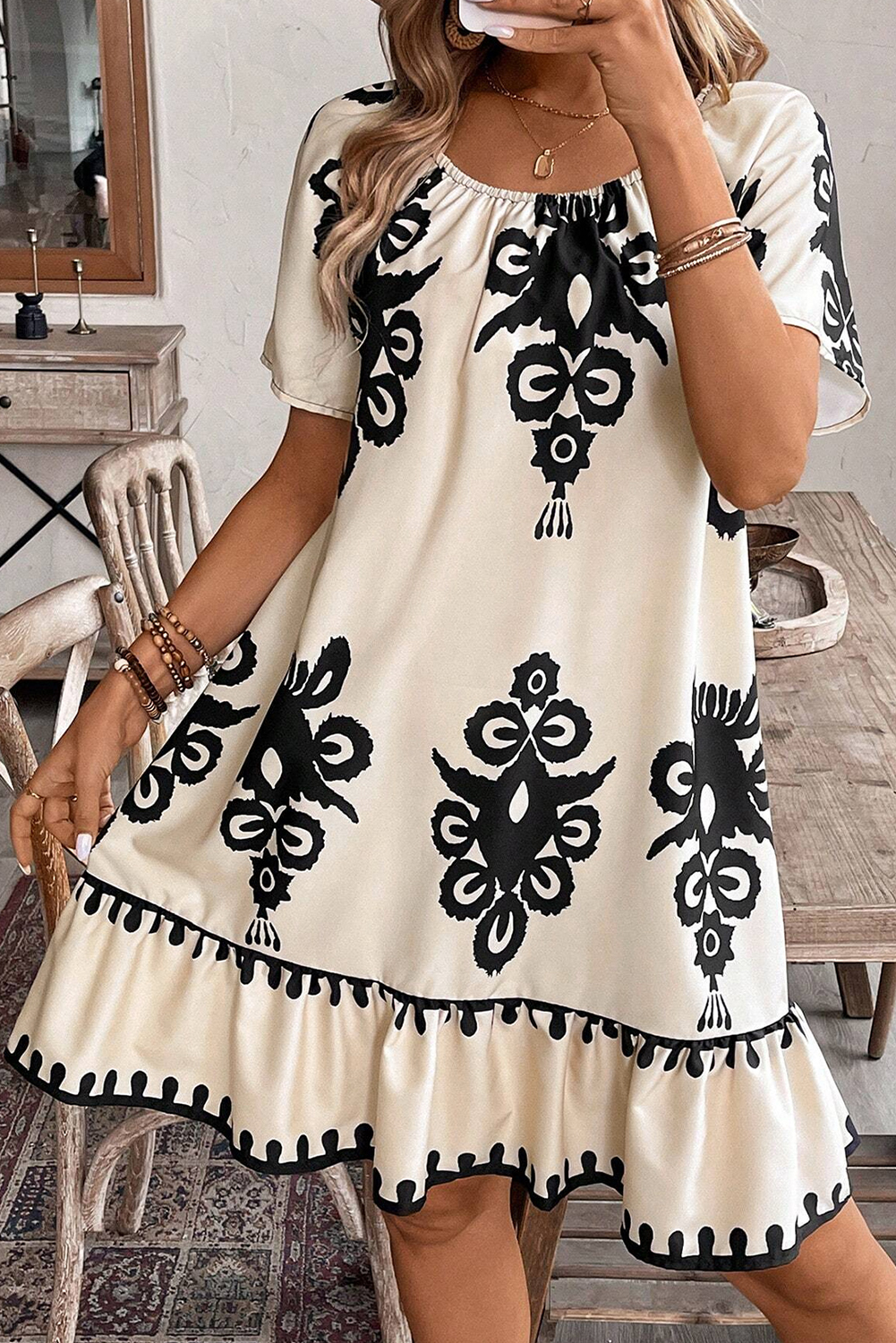 Beige Geometric Printed Sleeveless Hollowed Bowknot Back Mini Dress - loveforevers