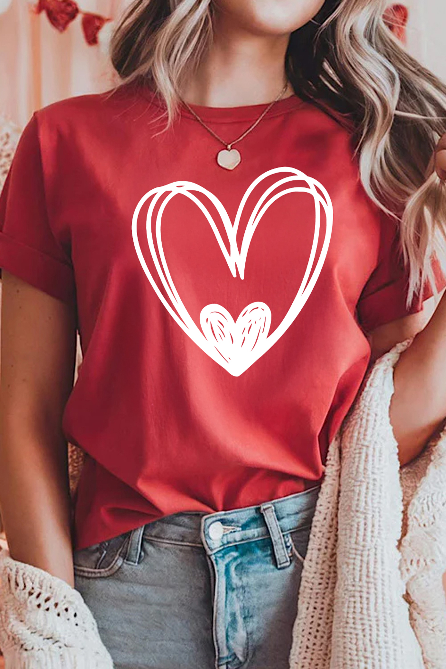 Red Hand Drawn Heart Valentines Day Fashion T Shirt - loveforevers