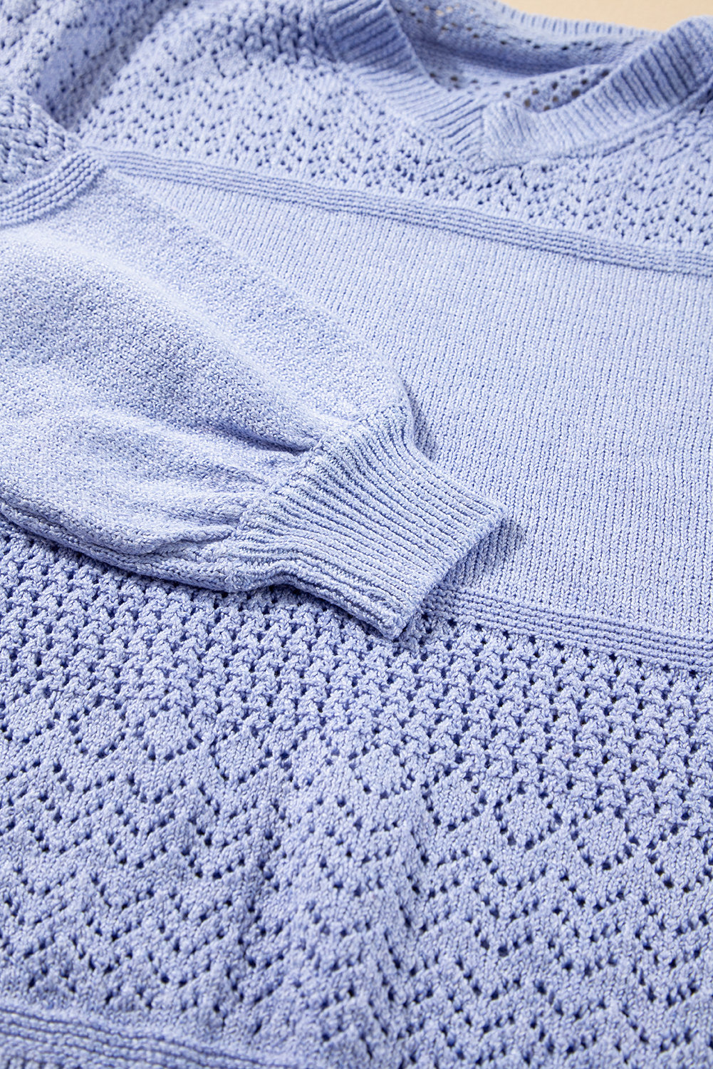 Sky Blue Eyelet Pattern Detail V Neck Drop Shoulder Sweater - loveforevers