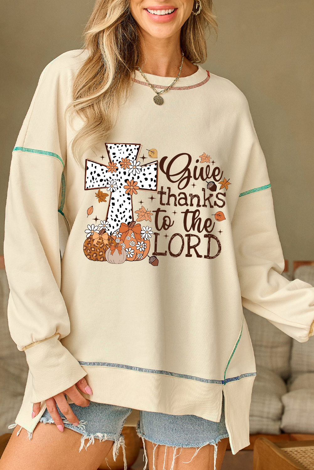 Contrast Stitching Split Baggy Sweatshirt - loveforevers