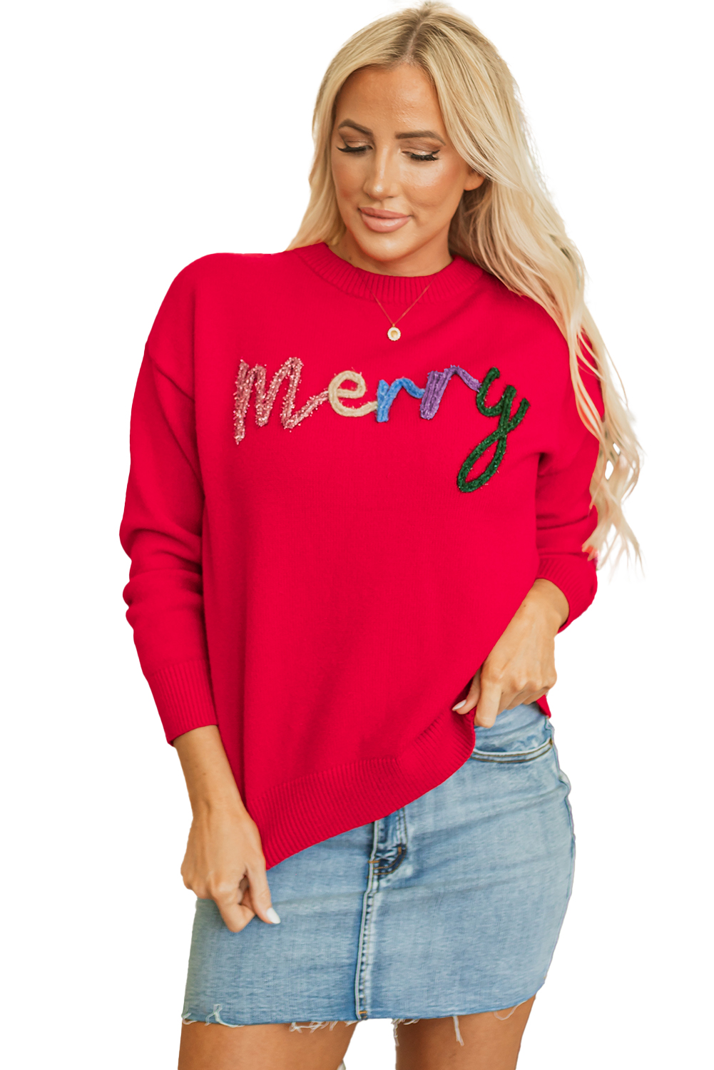 Fiery Red Tinsel Merry Letter Drop Shoulder Baggy Sweater - loveforevers