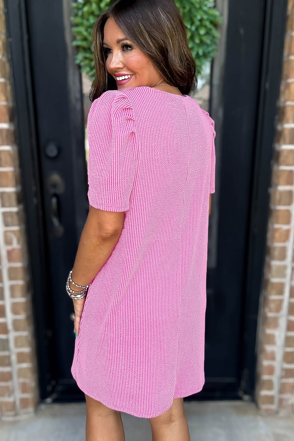 Bright Pink Flag Pattern Inspired Sequin Bow Spiral Ribbed Puff Sleeve T Shirt Dress - loveforevers