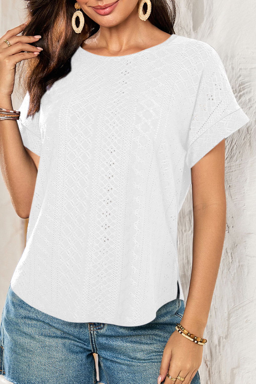 White Solid Color Eyelet Jacquard Cuffed Short Sleeve Top - loveforevers