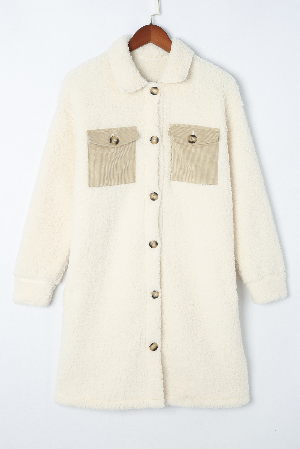 Beige Contrast Flap Pocket Single Breasted Teddy Coat - loveforevers