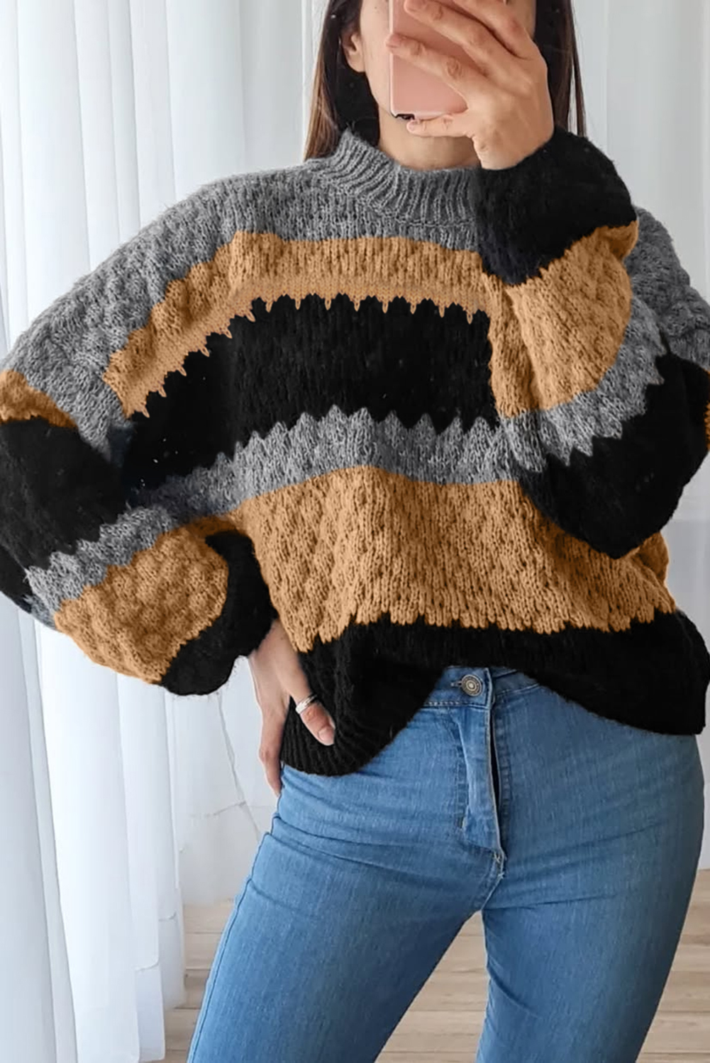 Khaki Color Block High Neck Baggy Sweater - loveforevers