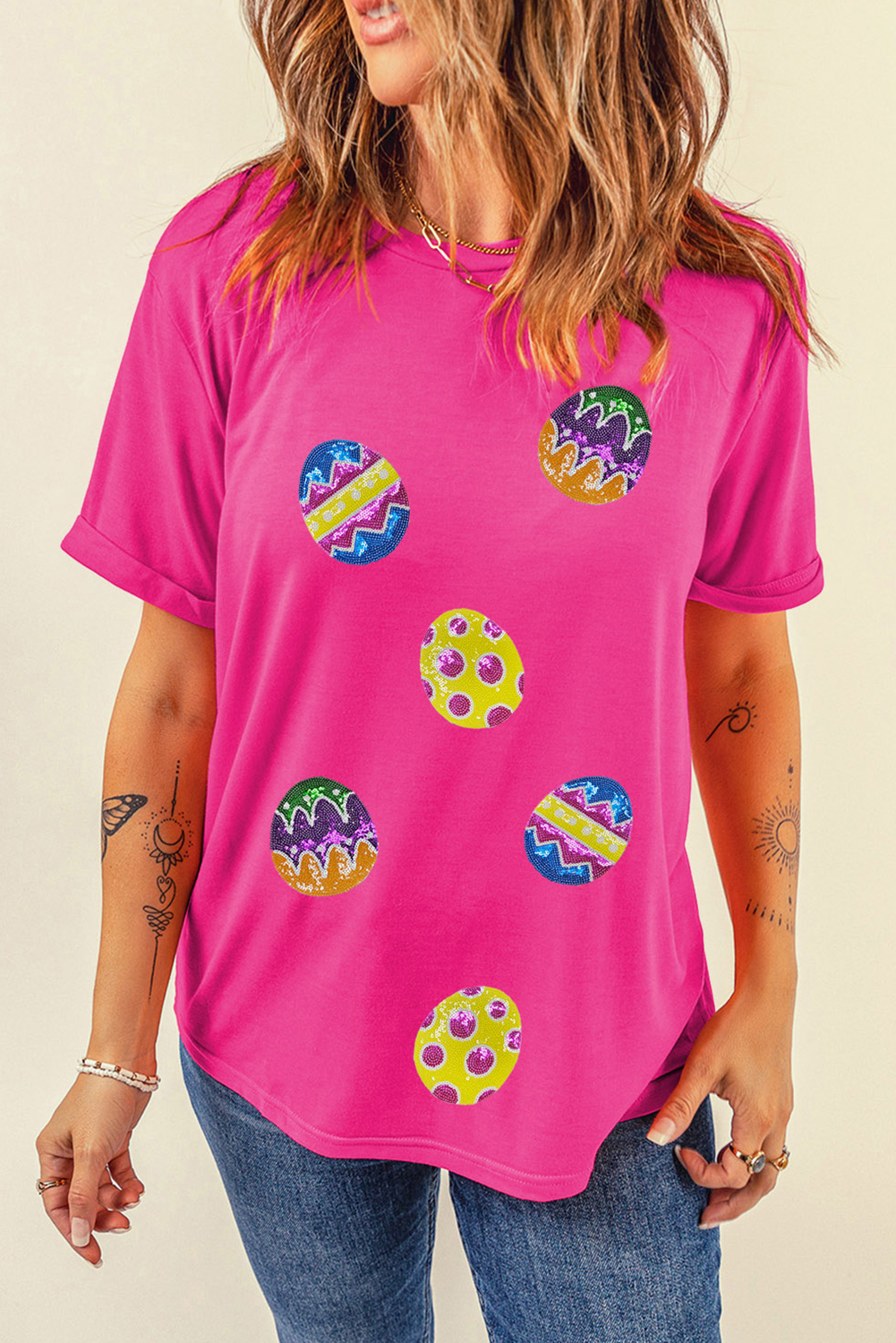 Rose Red Easter Eggs Patched Crew Neck Graphic Tee - loveforevers