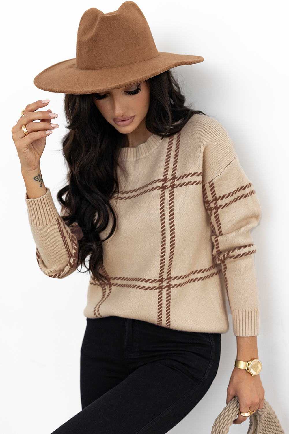 Khaki Plaid Pattern Knitted Drop Shoulder Sweater - loveforevers