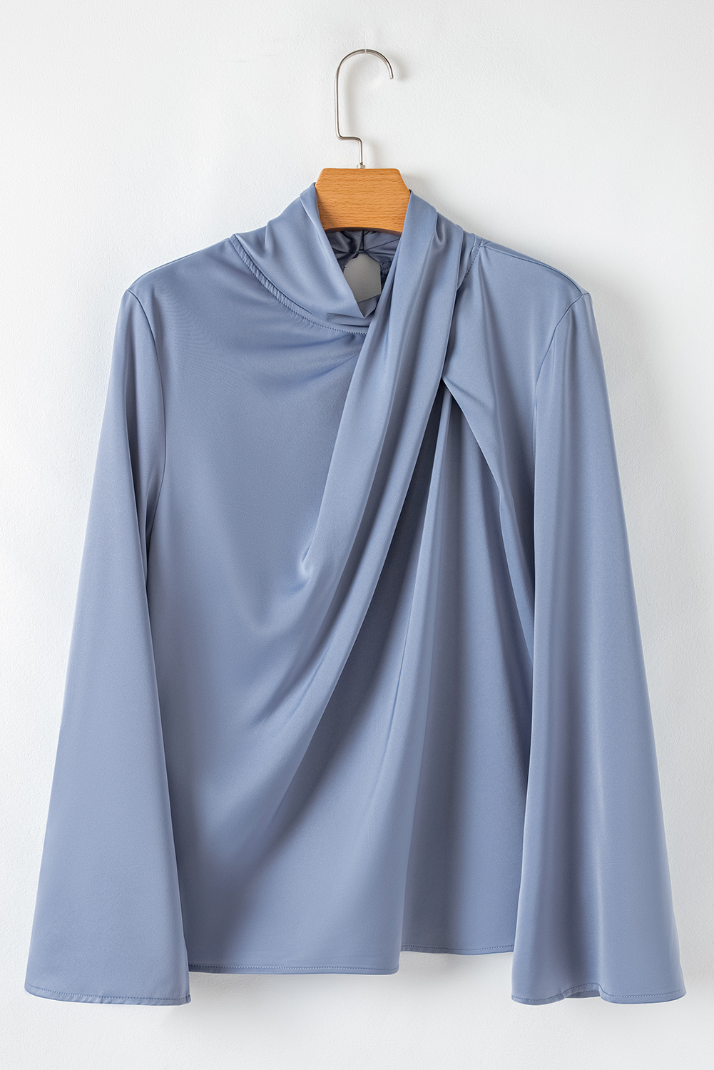 Ivy Asymmetric Pleated Turtleneck Bell Sleeve Blouse - loveforevers