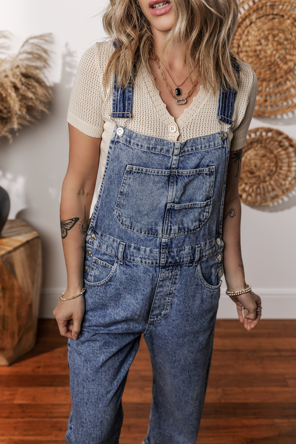 Sail Blue Denim Bib Straight Leg Jumpsuit with Pockets - loveforevers